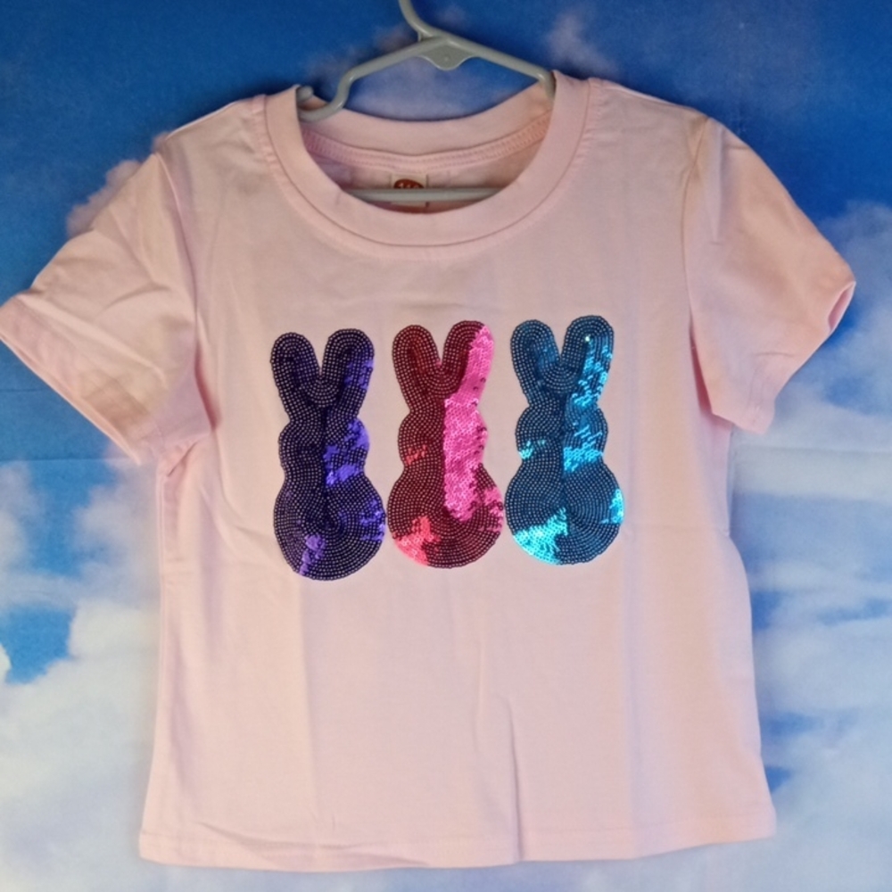 🌼🍒 Pink Tee with Sequin Bunnies